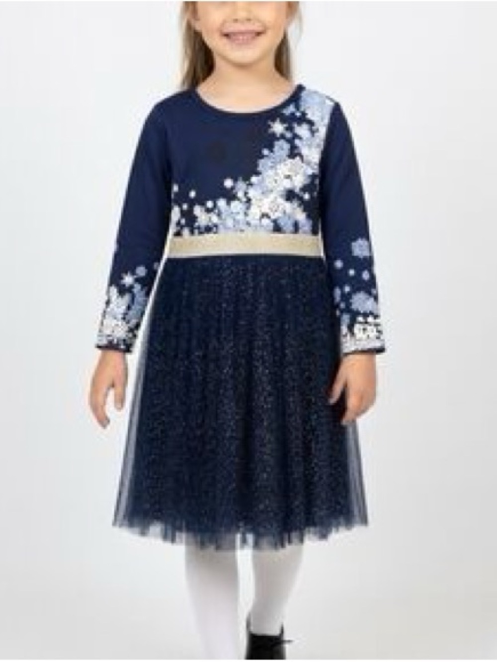 Girls Frozen Inspired Navy Sparkle Tulle Dress with Snowflakes & Gold Waistband